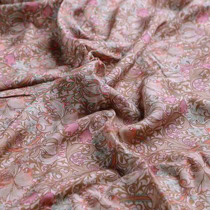 Festive Curve Design Pink Doted Flower Digital Printed Fabric - Pure Muslin