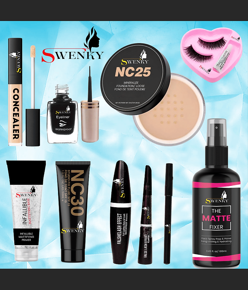 swenky makeup fixer primer foundation eyeliner mascara kajal loose powder & false eyelash (Pack of 8)