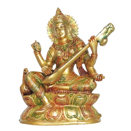 Brass Saraswati Ji God Idol - Handcrafted Decorative Murti, Height : 9 Inch (BSMAS1413 I)