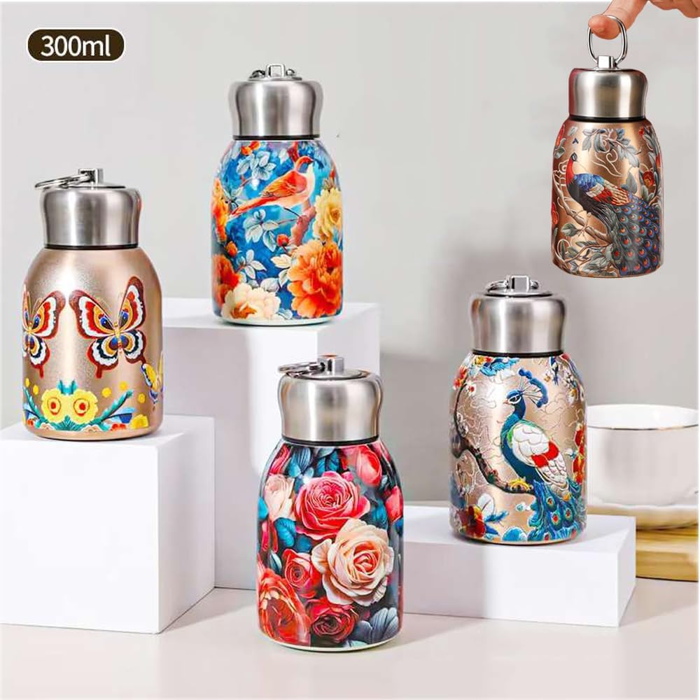 Elegant Butterfly Floral Mini Stainless Steel Vacuum Insulated Thermos Bottle- Multicolor Random Design