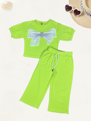 Girl's Green Bow Co-Ord  Set [GCS-4831](4-12 Years)-4-5Y (Size - 24) / Ribbed