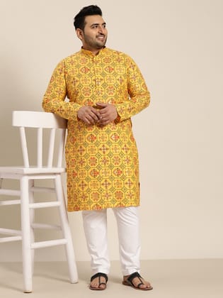 Men's Cotton Linen Yellow and Multi Printed Only Long Kurta-44
