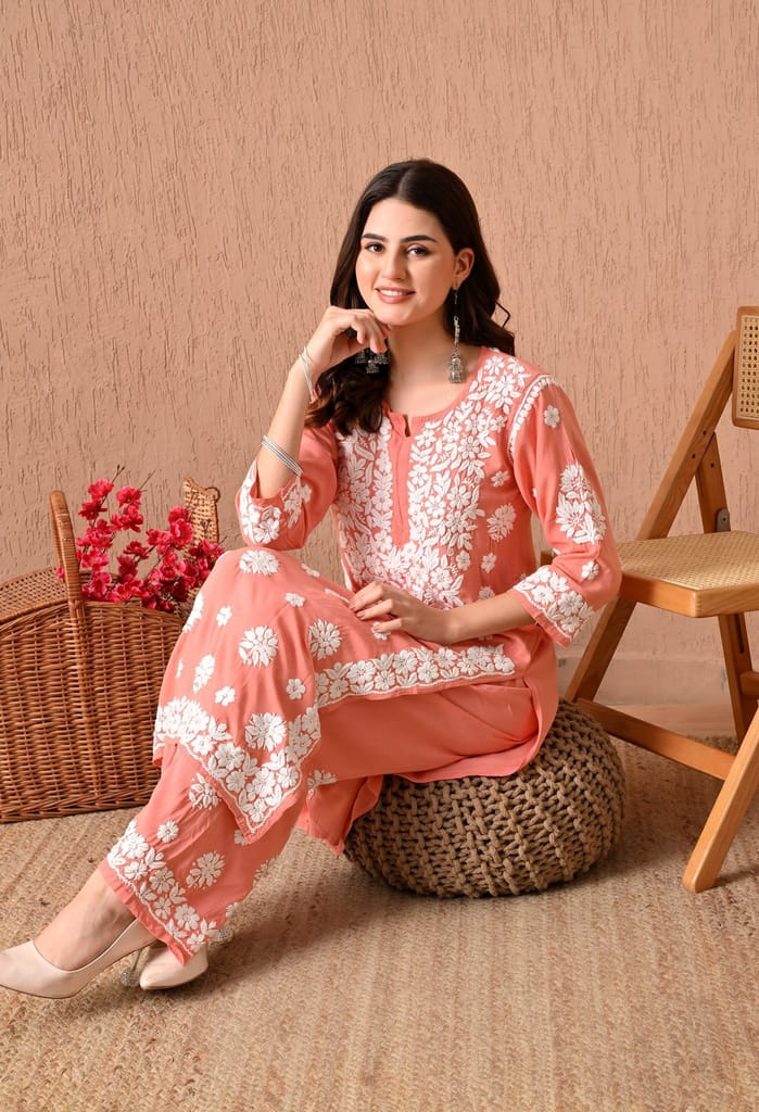 Hand Embroidered Chikankari Plazo Set 3d Work- Peach