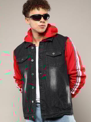 Dark-Wash Denim Jacket With Sweatshirt Sleeve-M