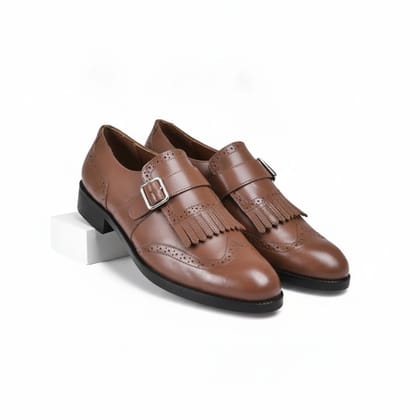 Tan Monk Strap Formal Shoes with Fringe Detail