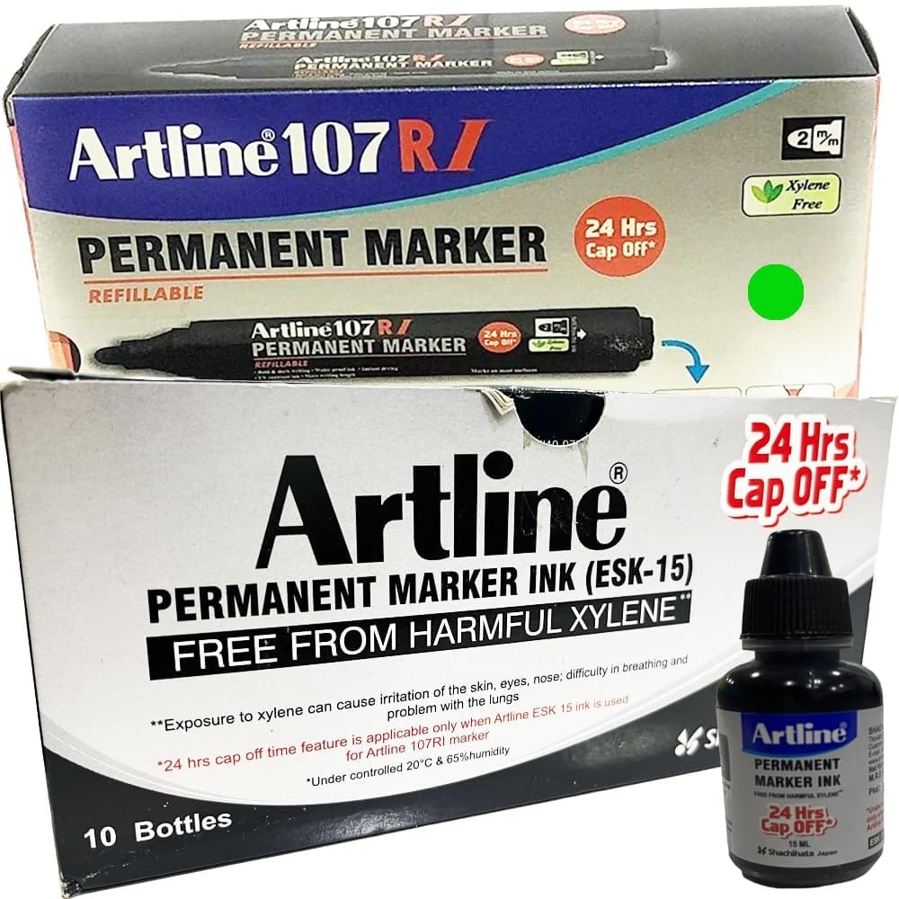 Artline 107RI Permanent Marker with ESK 15 Refillable Ink Pack of 10 (Green Colour) | For Artists, Professionals, & Students