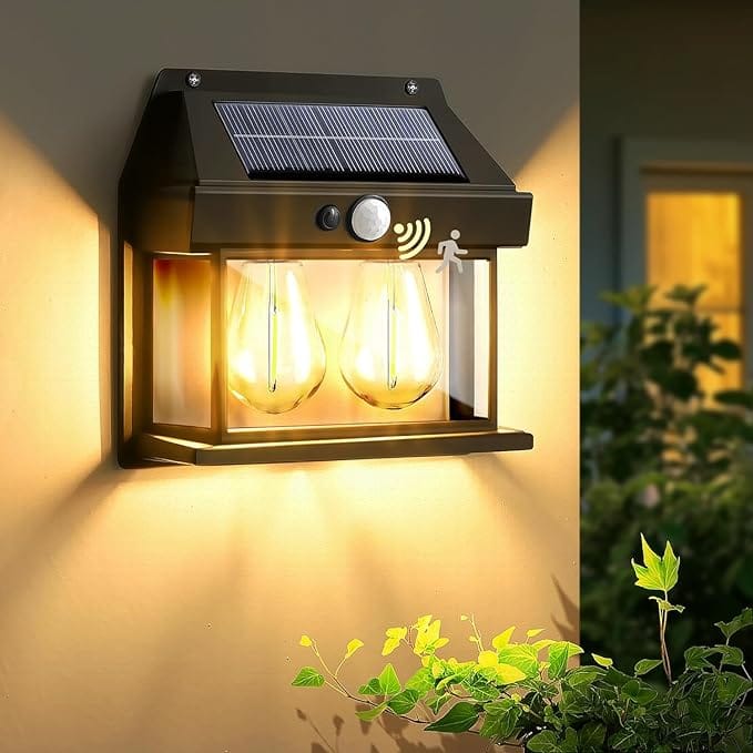 Solar Motion Sensor LED Double Lamp Warm White Light Outdoor for Home Wall Room Balcony Garage Backyard Garden (Pack of 2)