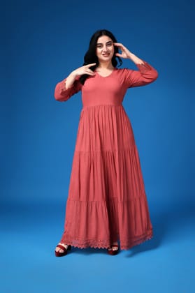 Carrot Red Solid Flared Lace Dress-L / Red
