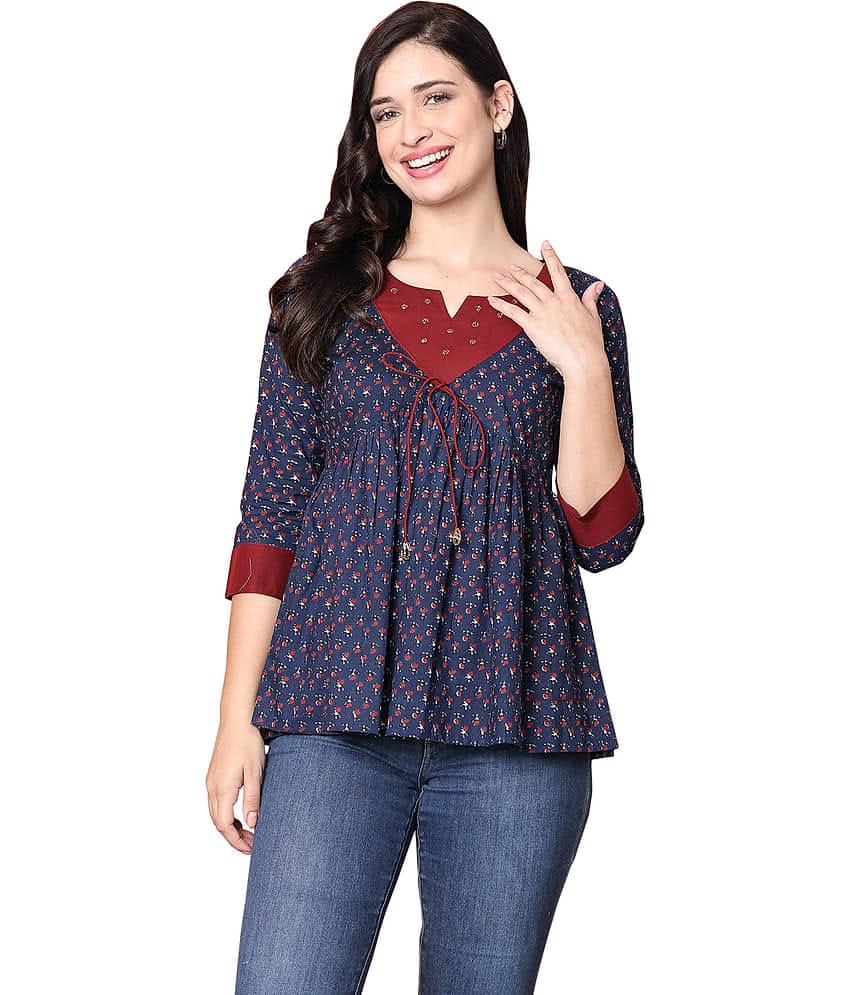 wonder weave Women's Cotton Regular Top ( Navy Blue )