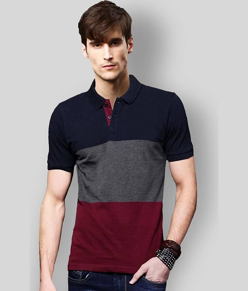 Leotude Pack of 1 Cotton Blend Regular Fit Colorblock Half Sleeves Men's Polo T Shirt ( Navy )
