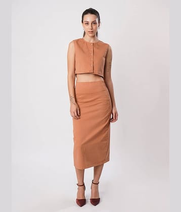 IVOC Women Solid Top With Skirt Co-Ord Set ( Beige )