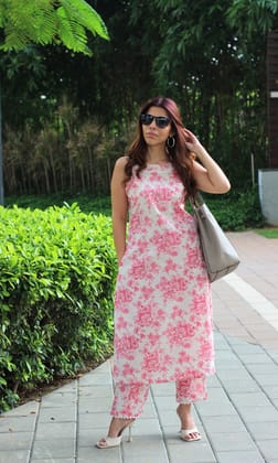 Cotton Off White & Pink Floral Boat Neck Coord Set-XXS