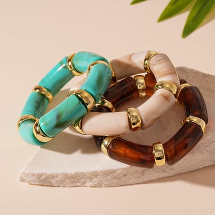 Acrylic Bamboo 18K Gold Blue Beads Stackable Adjustable Bracelet For Women-Green