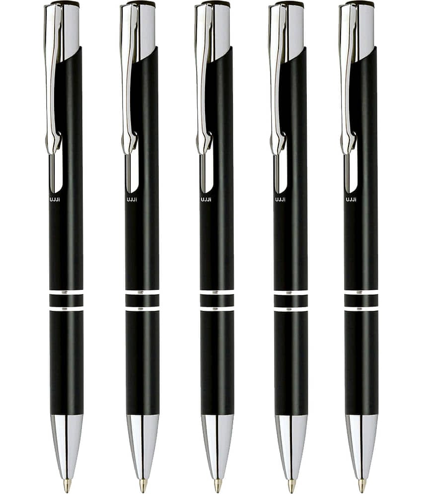 UJJi Gloss Black Color Retractable Pack of 5pcs (Blue Ink) Ball Pen