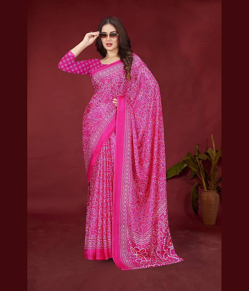 JIHANA FAB Chiffon Printed Saree With Unstitched Blouse Piece ( Pink )