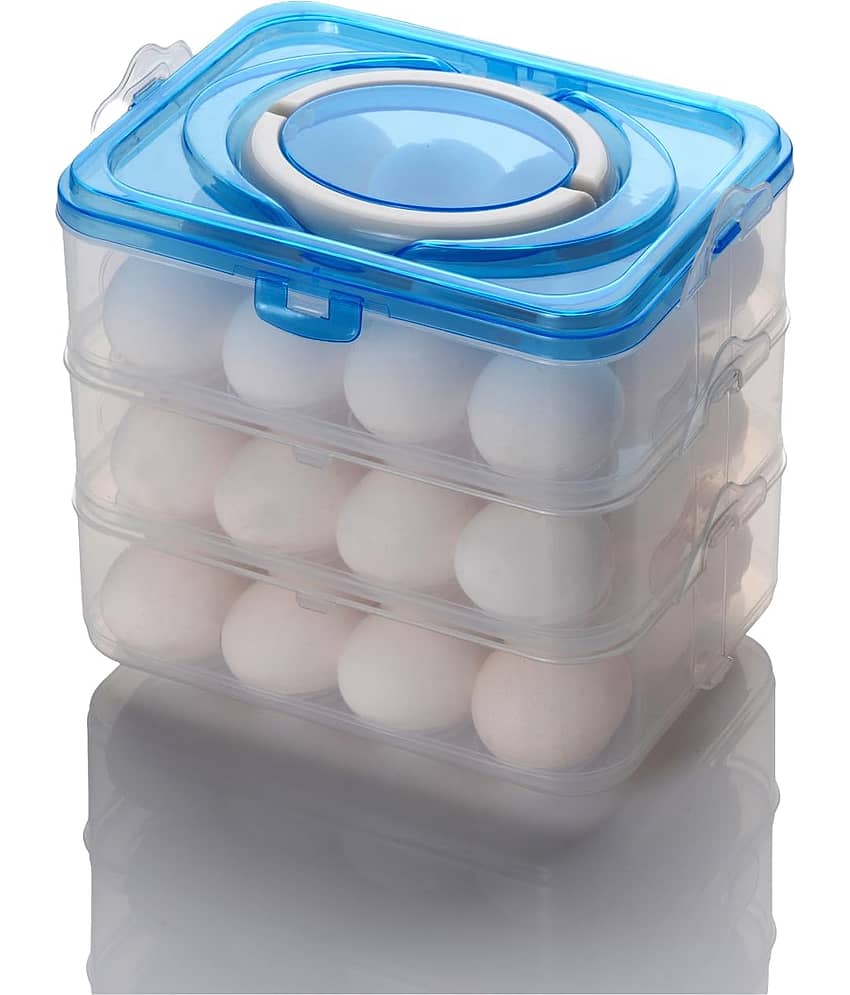 Egg Storage Box - Egg Refrigerator Storage Tray Stackable ABS Plastic Egg Storage Containers for Fridge and Kitchen Egg storage basket with Carry Holder (3 Layer - BLUE - 36 Egg)