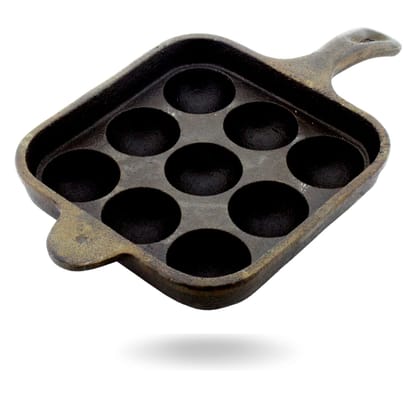 TRILONIUM ButterMold Pre-Seasoned Cast Iron Square Long Handle 9 Pits Paniyarakal | Paniyaram Pan | Paddu | Ponganalu Pan | Kallu | Chatti - Induction Compatible