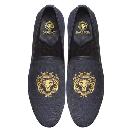 Charcoal Blue Denim/Golden Lion King Embroidery Slip-On Shoes By Bareskin-42/8