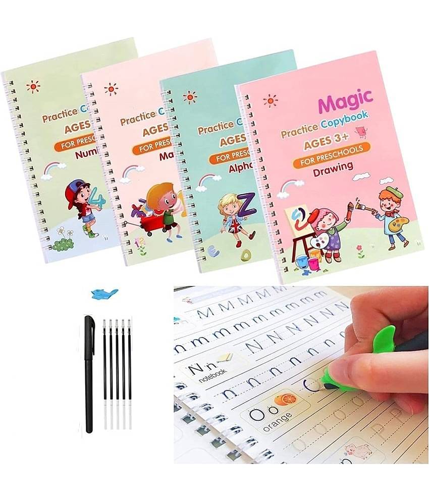 4 PCS Sank Magic Practice Copybook for Kids,Magic Calligraphy That Can Be Reused Tracing Handwriting Copybook Set,English Writing Practice Book for Kid (4 Book + 10 Refills with 1 Pen) - Sank Magic Pratice Book