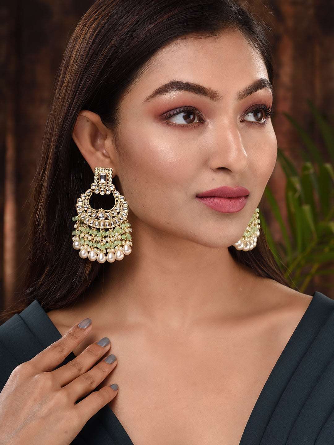 Gold Plated Mint Kundan studded & Beadded Cresent Chandballi Earrings