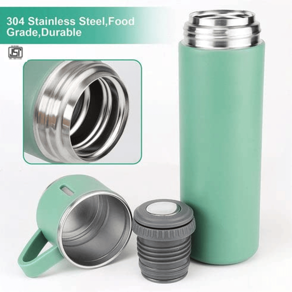 Green Stainless Steel Vacuum Flask with 2 Cups