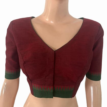 Handloom Mangalgiri Cotton V Neck Blouse with Lining,Maroon , BH1330-S
