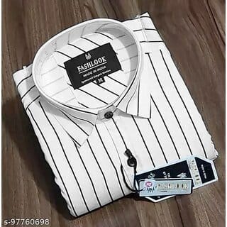 Fashlook Striped Curved Collar Regular Fit Cotton Blend Casual White Shirt For Mens