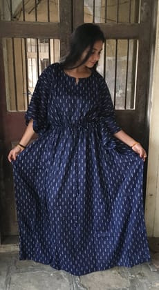 Kaftan - Indigo Fine Print - Maternity  Feeding Zips - Free Size - Cotton Cambric-With two side Feeding Zip