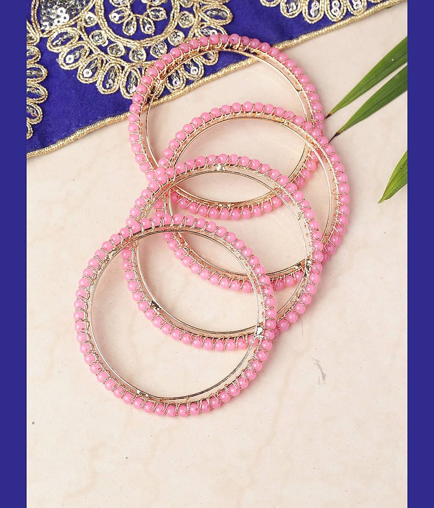 Priyaasi Beautiful Pink Beads Gold Plated Bangles for Women and Girls