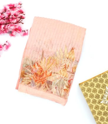 Light Peach Handwoven Banarasi Georgette Silk Saree Printed With Bird Motifs-Light Peach