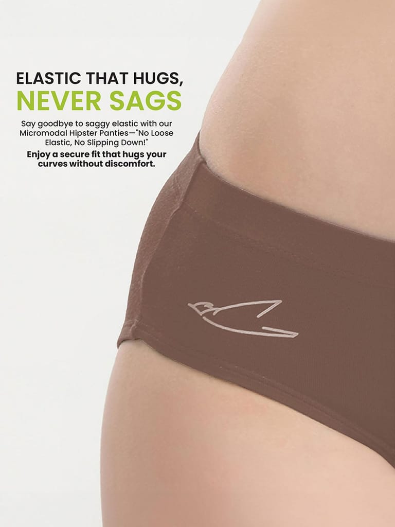 Freecultr Women’s Micromodal Mid-Rise Hipster | Super Soft & Breathable Fabric | Medium Rear Coverage | Comfortable Stretch Elastic | Pack of 3 |Color - Clay,Coffee,Sable Black