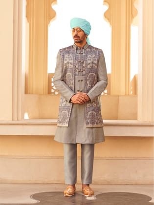 Grey Printed Men Kurta set with Zari Work Coat