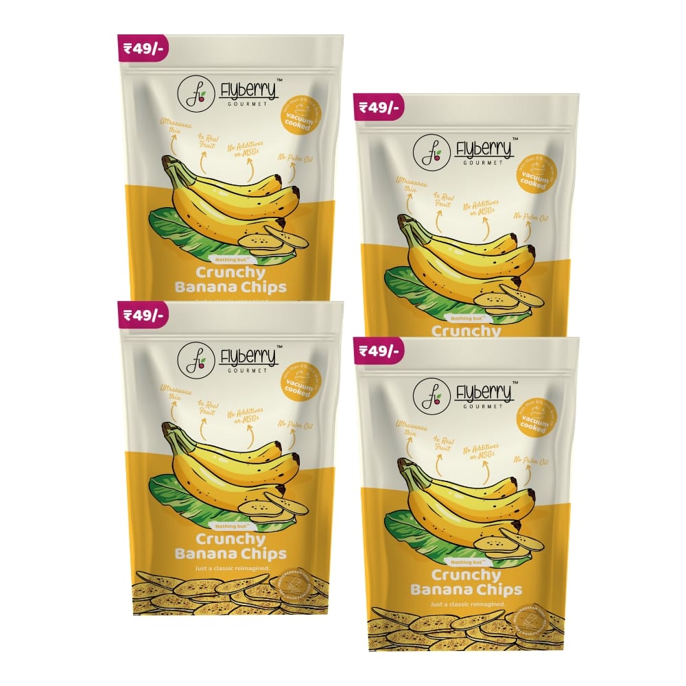 Flyberry Gourmet Vacuum Cooked Banana Chips 120g(Pack of 4, 30g each) - No Palm Oil, Less than 6% Rice Bran Oil, Healthy Snacking with High Nutrient Content, No Added Preservatives