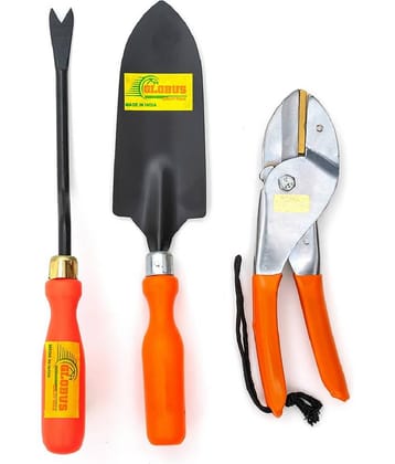 GLOBUS GARDEN TOOL SET/3 PCS TRANSPLANTER, WEEDER ORANGE COLOUR PLASTIC HANDLE AND PRUNING SHEAR 8" BEND MODEL. CHROME