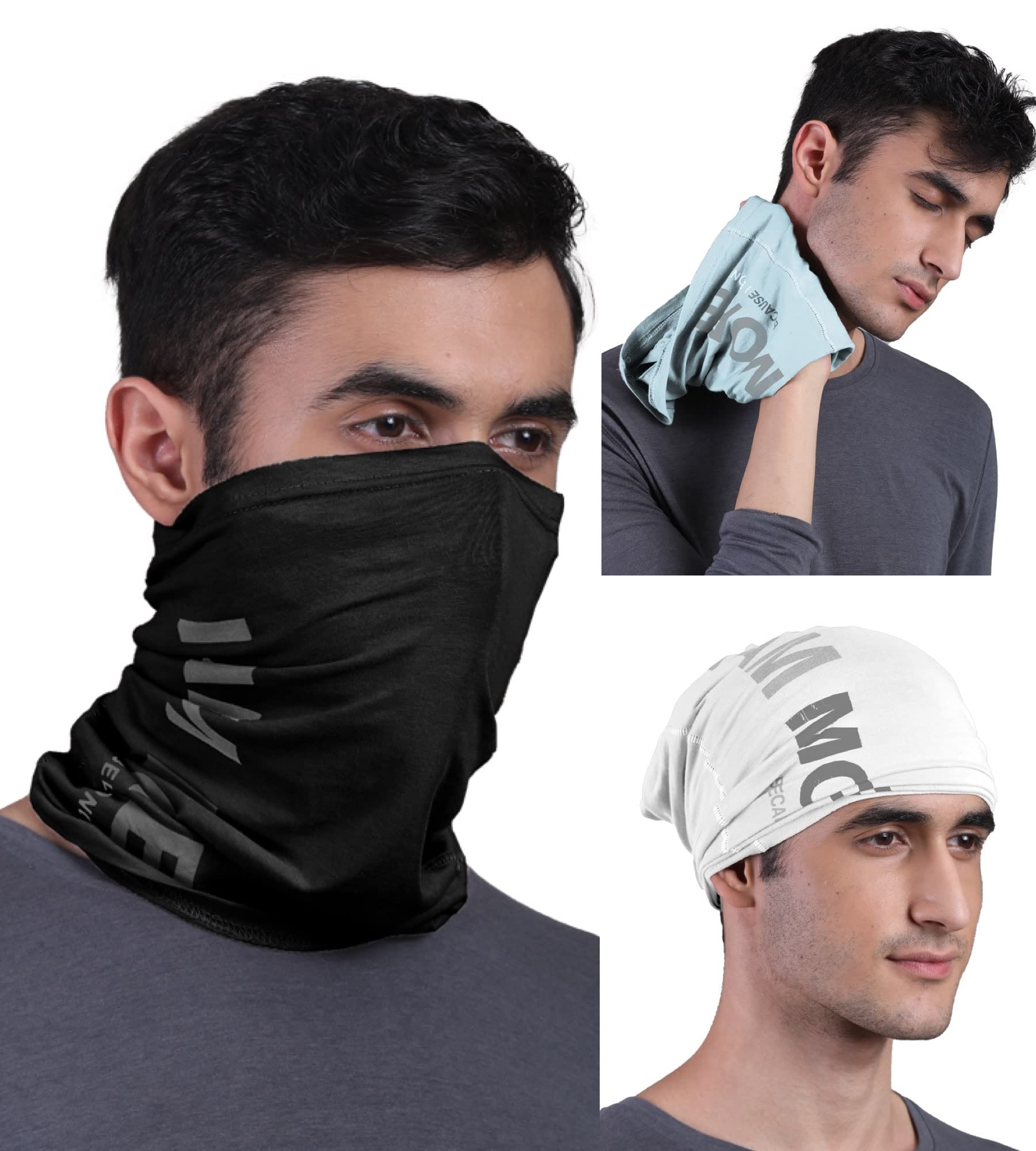 FREECULTR Unisex Bamboo Bandana, Anti Microbial Super Soft & Comfort Fit, Breathable Multipurpose Headband, Face Mask for Dust Protection and Sun - Printed Pack of 3-Black,Chalk Blue,White