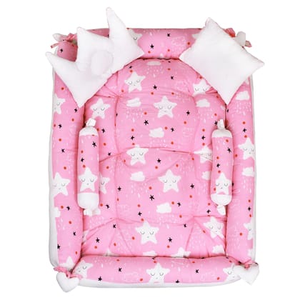 LOREM Multicolor 4 Pillows & Square Shape Cotton Baby Bed for 0-1 Year BB08