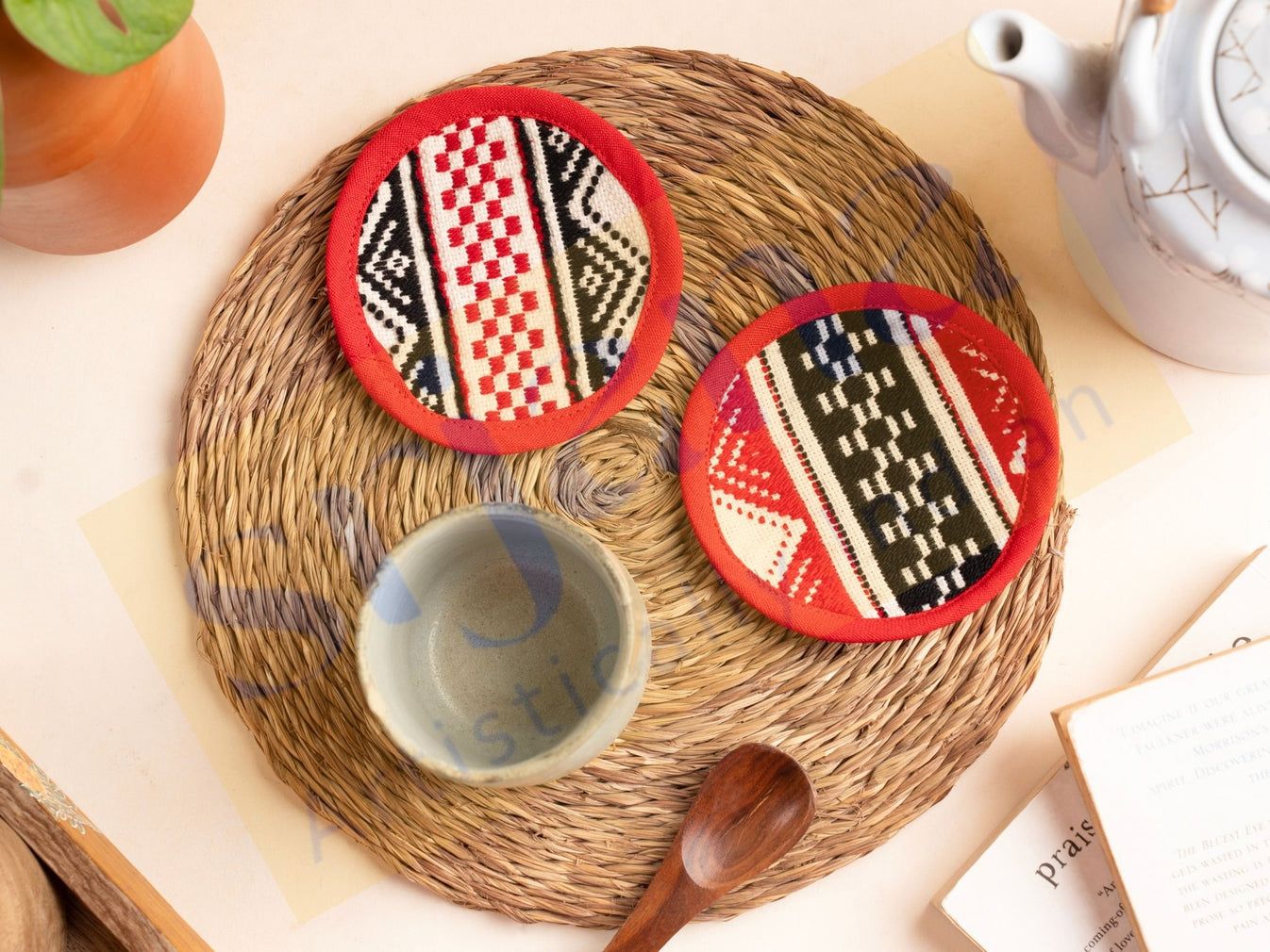 Srjana Toda Hand Embroidered Round Coasters Pack of 2