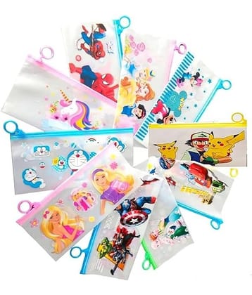 ECLET Transparent Pencil Pouch set for kids party pack mix design return gift cartoon Art Plastic Pencil Boxes  (Set of 12, Multicolor)