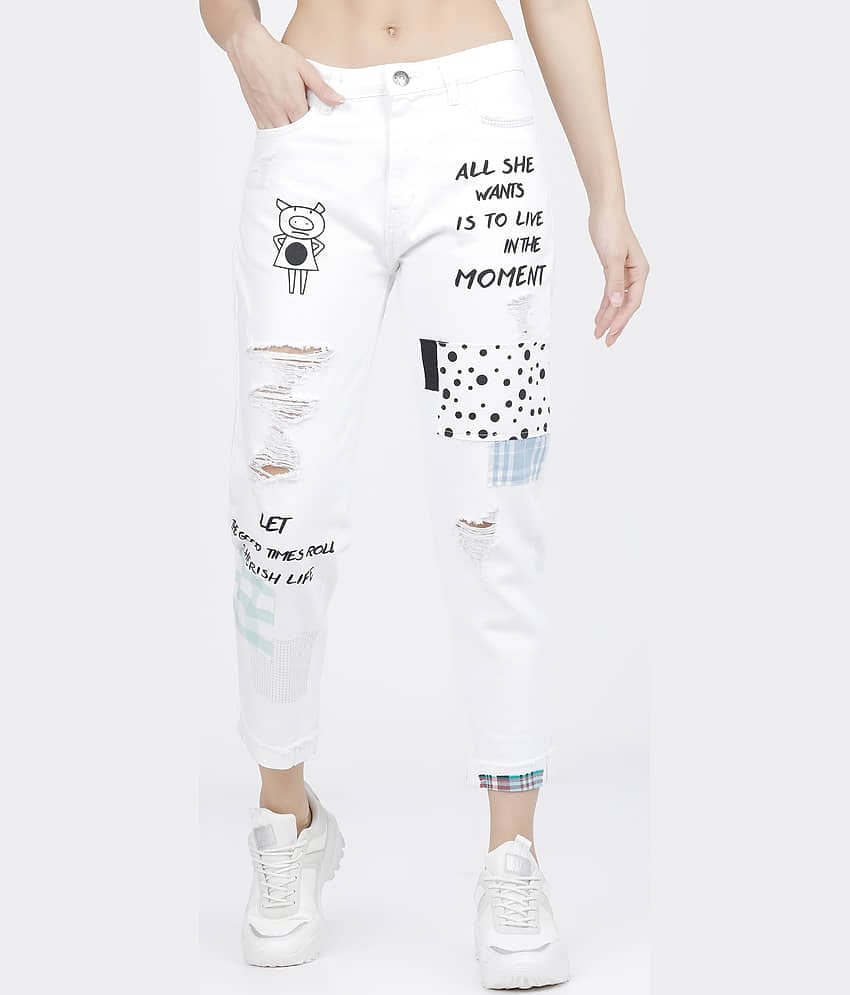 Tokyo Talkies Women's Boyfriend Fit Mid-Rise Jeans ( White )