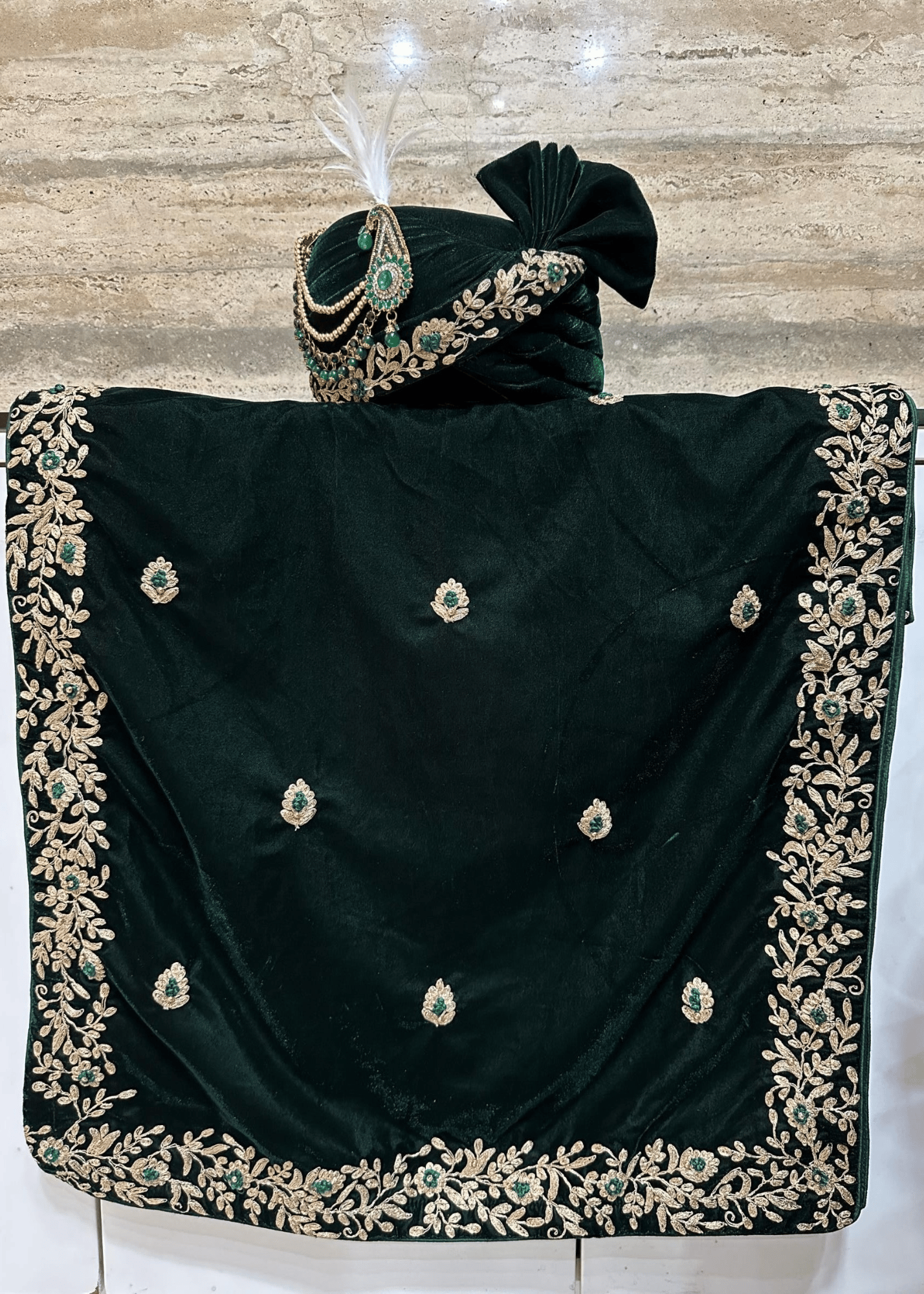 BOTTLE GREEN VELVET HAND AARI  SAFA DUPATTA SET ( ONPAPER PATTERN)