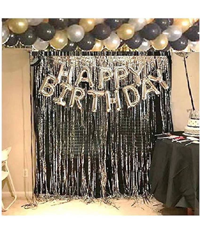 Happy Birthday Silver Foil Balloon+ 2Pcs Silver Fringe Curtain (3 X 6 Feet) +30 pcs Metallic Balloons for happy birthday decoration item, birthday decoration kit, birthday balloon decoration combo for Boys, Girls, Kids, husband and Wife.
