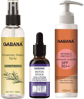 Gabana Beauty Natural Rosemary Water | Hair Spray For Regrowth 100ml, Botox Stock Solution Anti Ageing Serum 30ml & Advance Sunscreen with SPF 50++ 100ml - Set of 3 Items