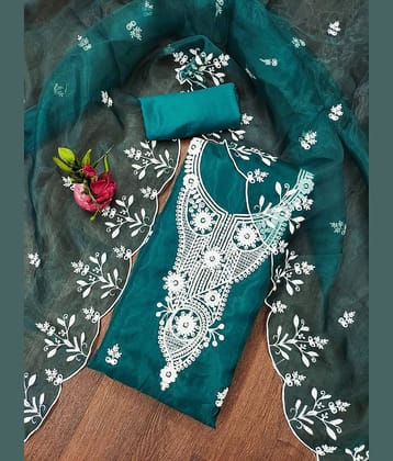 Rangtulika Ethnics Unstitched Organza Embroidered Dress Material - Teal ( Pack of 1 )