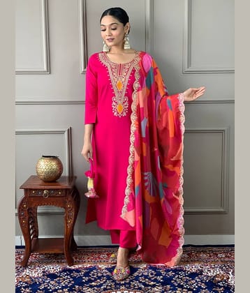 Niza Fashion Cotton Embroidered Kurti With Pants Women's Stitched Salwar Suit - Pink ( Pack of 1 )