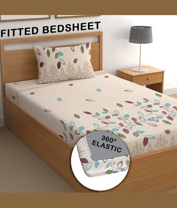 CG HOMES Poly Cotton Floral Fitted 1 Bedsheet with 1 Pillow Cover ( Single Bed ) - Beige