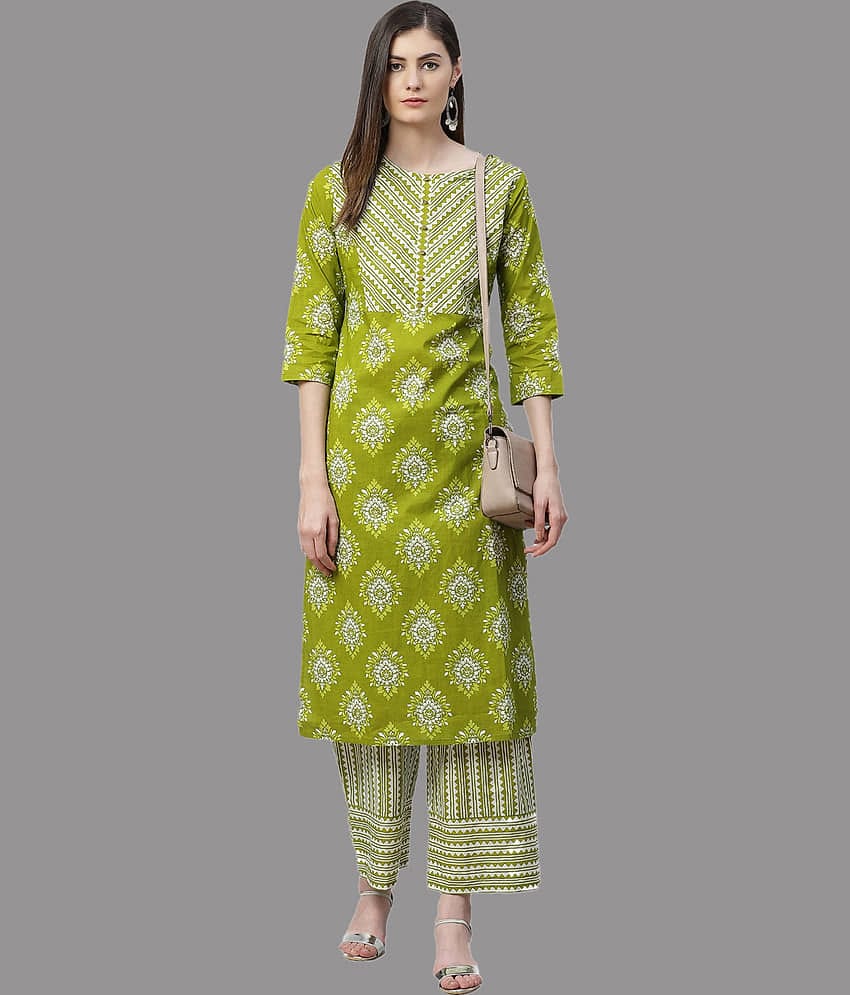 Yash Gallery - Green Cotton Women's Straight Kurti ( Pack of 1 )