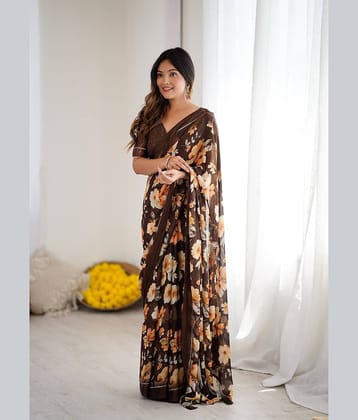BLEESBURY Chiffon Printed Regular Saree With Unstitched Blouse Piece ( Brown )