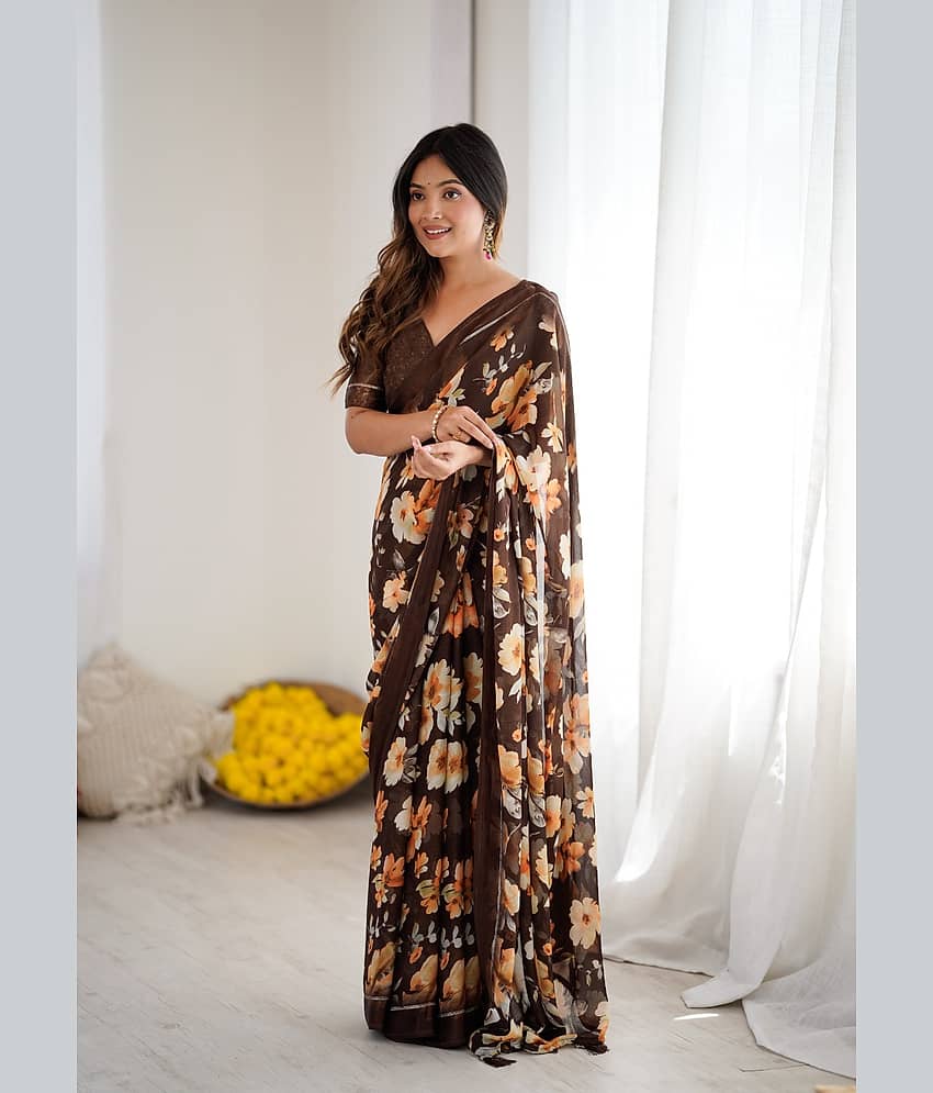 BLEESBURY Chiffon Printed Regular Saree With Unstitched Blouse Piece ( Brown )