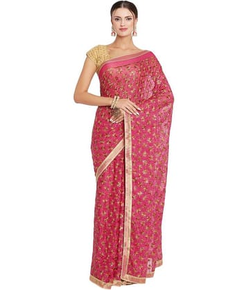 Queenley Chiffon Embroidered Saree Without Blouse Piece ( Pink )