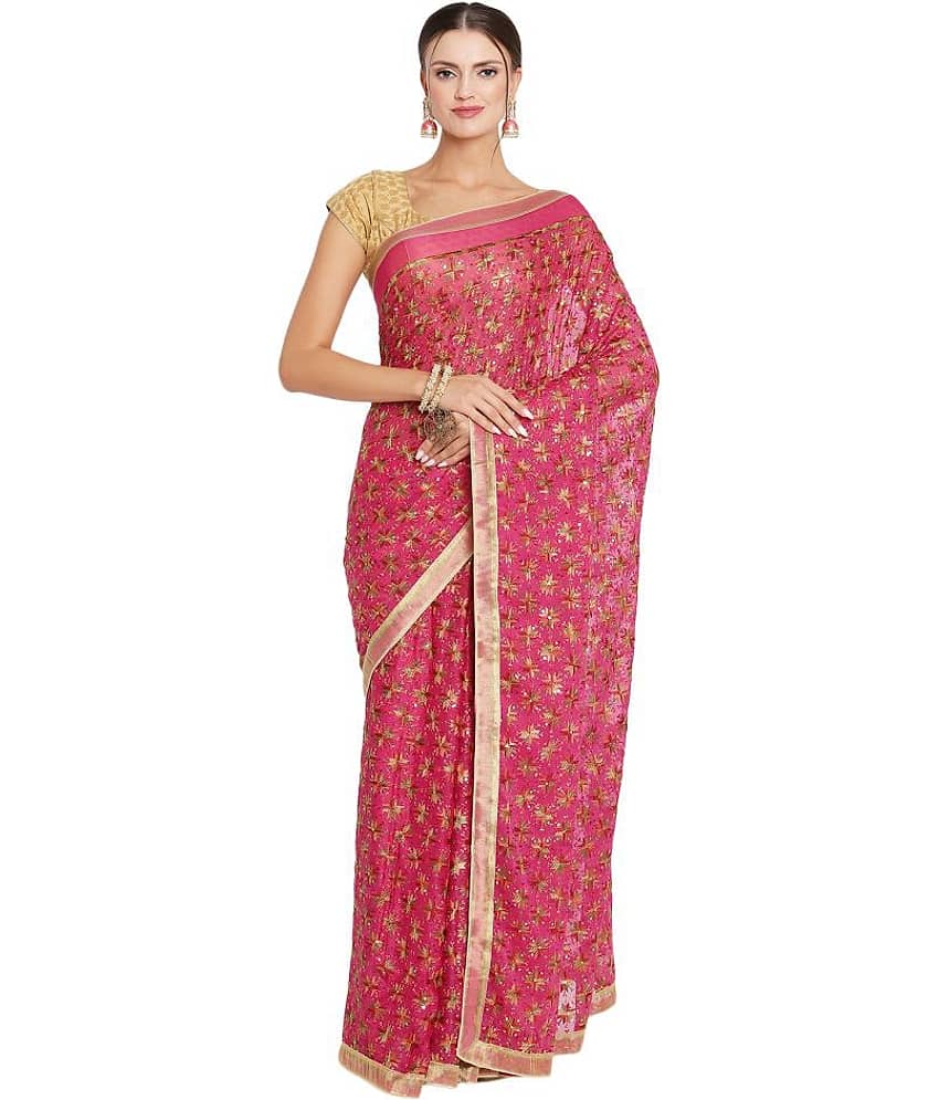 Queenley Chiffon Embroidered Saree Without Blouse Piece ( Pink )